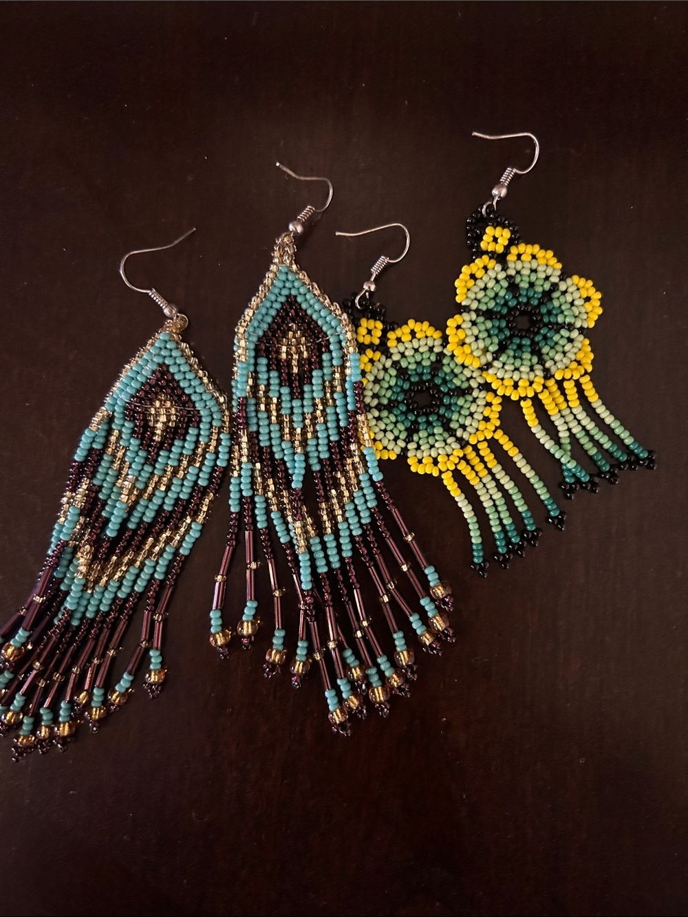 Turquoise & Yellow Beaded Fringe Earrings - Boho Women Jewelry